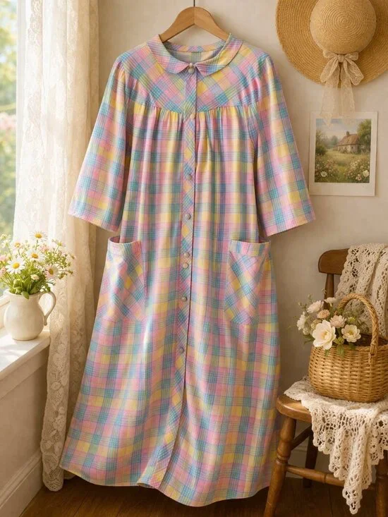 Pastel Plaid Cottagecore Dress Prairie Smock Midi Pockets Vintage Style M - Picture 1 of 9
